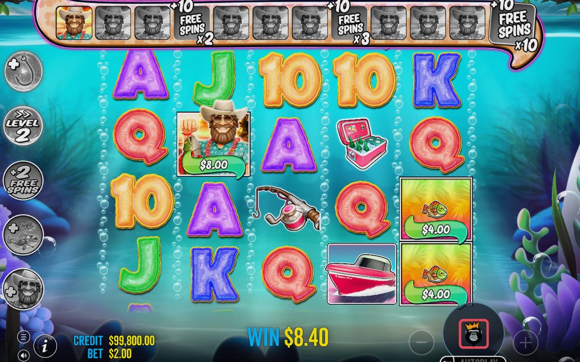 Free Spins with Wild fisherman collecting fish money on screen